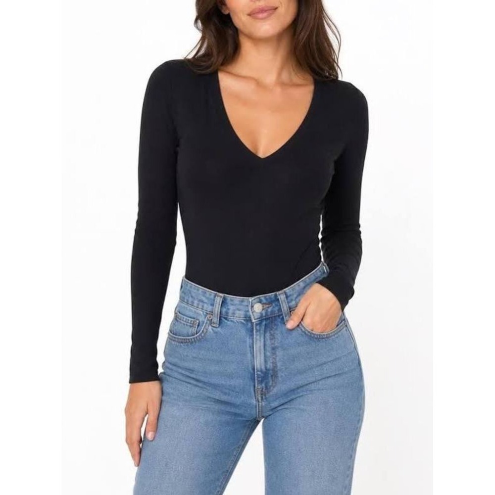 Lovecharm Black Ribbed V-Neck Long Sleeve Bodysuit Style Size S/M